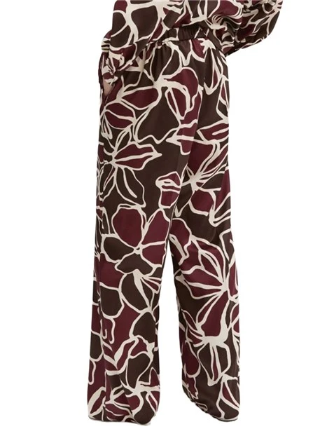 PANTALONI PALAZZO IN TWILL STAMPATO CON INSERTO ELASTICO DONNA MARRONE
