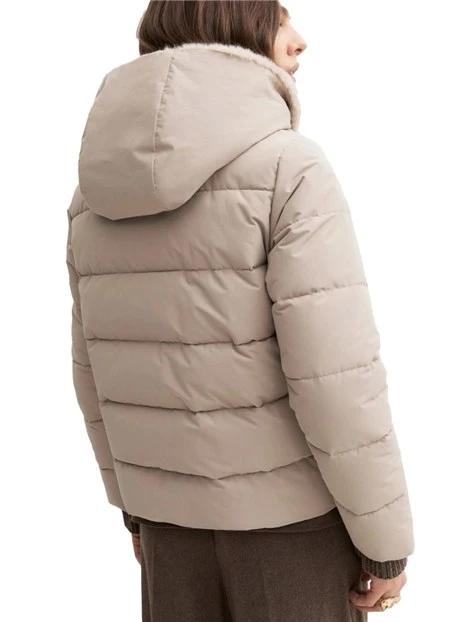 PIUMINO CORTO IMBOTTITO IN TAFFETÀ TECNICO CON CAPPUCCIO FURRY DONNA BEIGE