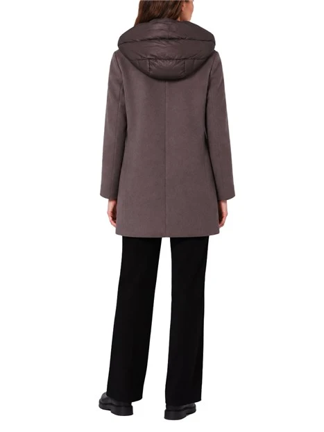 CAPPOTTO LUNGO DI PANNO SOFT IMBOTTITO CON CAPPUCCIO E PETTORINA RIMOVIBILI DONNA MARRONE
