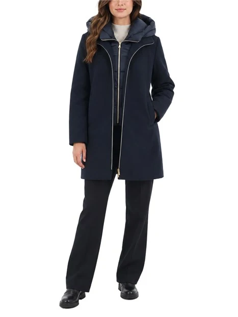 CAPPOTTO LUNGO DI PANNO SOFT IMBOTTITO CON CAPPUCCIO E PETTORINA RIMOVIBILI DONNA BLU