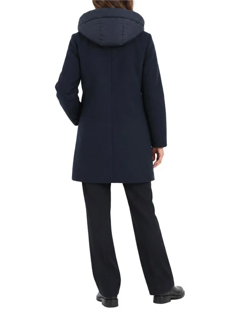 CAPPOTTO LUNGO DI PANNO SOFT IMBOTTITO CON CAPPUCCIO E PETTORINA RIMOVIBILI DONNA BLU