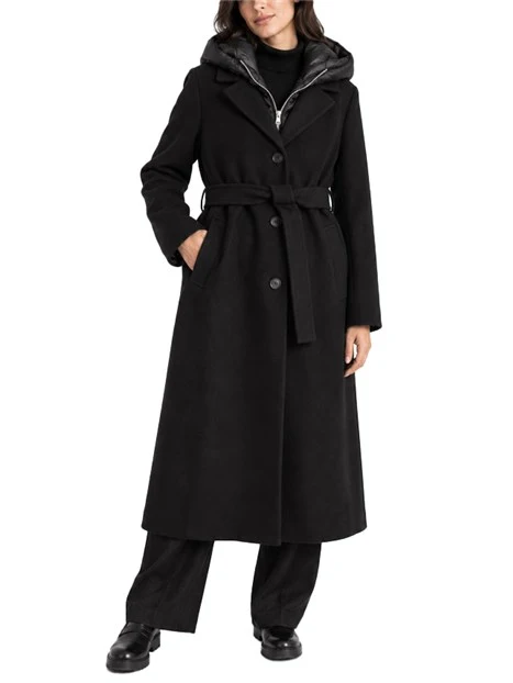CAPPOTTO LUNGO IN PANNO SOFT IMBOTTITO CON CAPPUCCIO RIMOVIBILE DONNA NERO