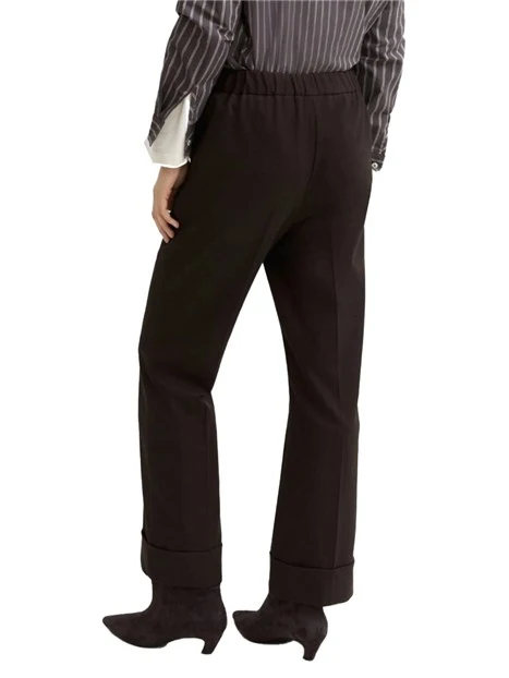 PANTALONI PALAZZO IN GABARDINA STRETCH CON RISVOLTO DONNA MARRONE