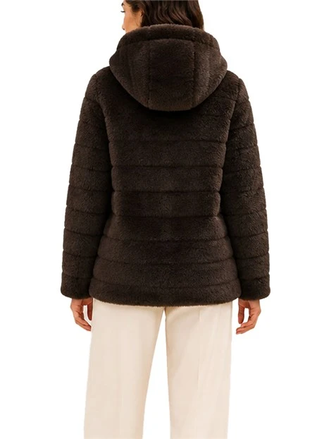GIACHA IN ECO PELLICCIA IN TESSUTO FURRY CON CAPPUCCIO DONNA MARRONE
