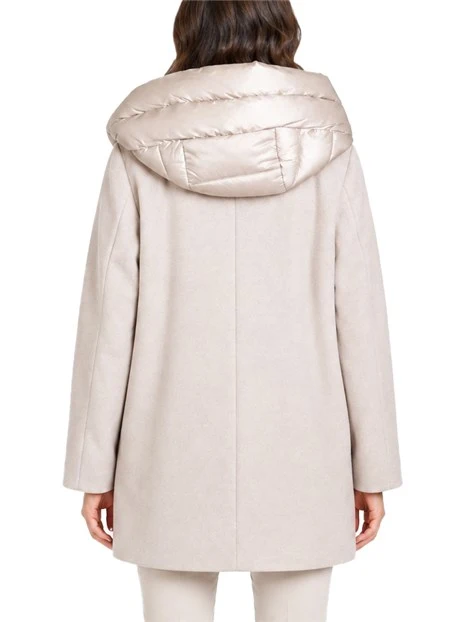 CAPPOTTO LUNGO DI PANNO SOFT IMBOTTITO CON CAPPUCCIO E PETTORINA RIMOVIBILI DONNA BEIGE