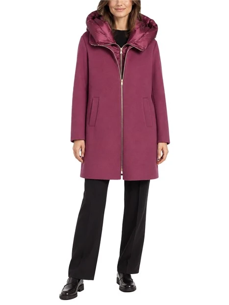 CAPPOTTO LUNGO DI PANNO SOFT IMBOTTITO CON CAPPUCCIO E PETTORINA RIMOVIBILI DONNA VIOLA