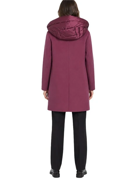 CAPPOTTO LUNGO DI PANNO SOFT IMBOTTITO CON CAPPUCCIO E PETTORINA RIMOVIBILI DONNA VIOLA