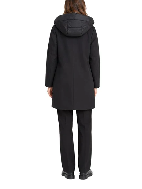CAPPOTTO LUNGO DI PANNO SOFT IMBOTTITO CON CAPPUCCIO E PETTORINA RIMOVIBILI DONNA NERO