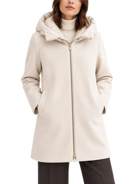 CAPPOTTO LUNGO DI PANNO SOFT IMBOTTITO CON CAPPUCCIO E PETTORINA RIMOVIBILI DONNA AVORIO