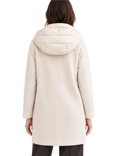 CAPPOTTO LUNGO DI PANNO SOFT IMBOTTITO CON CAPPUCCIO E PETTORINA RIMOVIBILI DONNA AVORIO