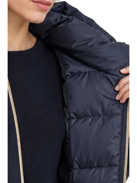 CAPPOTTO CORTO IN PANNO SOFT CON CAPPUCCIO ANTIGOCCIA RIMOVIBILE BLU