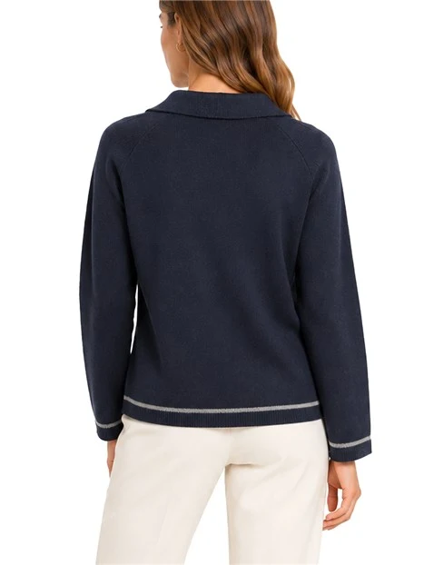 MAGLIA GIROCOLLO CON COLLO A POLO E PROFILI A CONTRASTO DONNA BLU