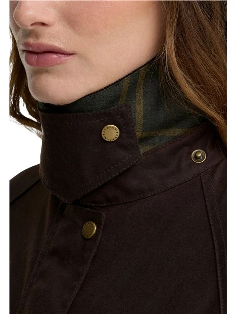 GIACCA IMPERMEABILE IN COTONE CERATO CON COLLETTO IN VELLUTO A COSTE DONNA MARRONE