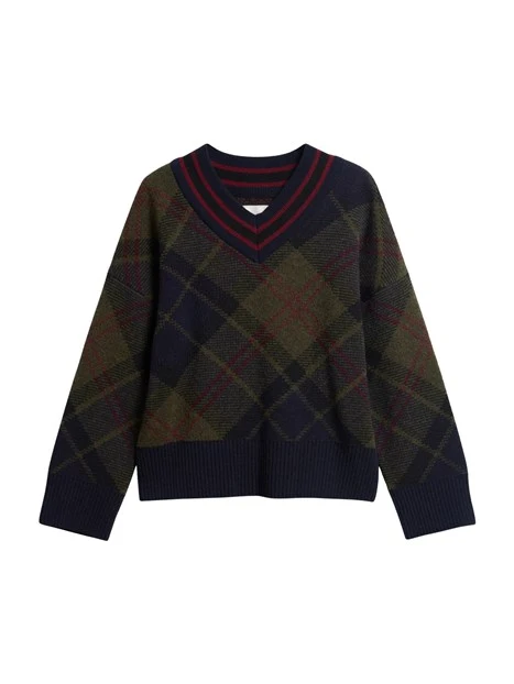 MAGLIA SCOLLO A V IN LANA TARTAN DONNA VERDE