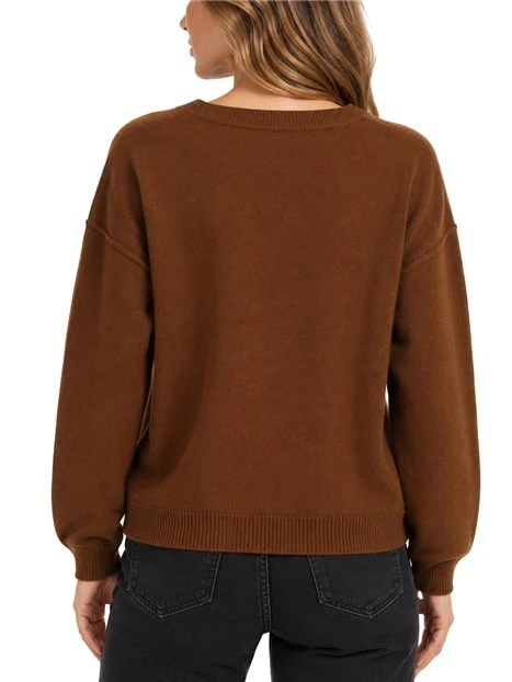 MAGLIA GIROCOLLO AMPIA CON CUCITURE A VISTA IN MISTO CASHMERE E LANA DONNA MARRONE