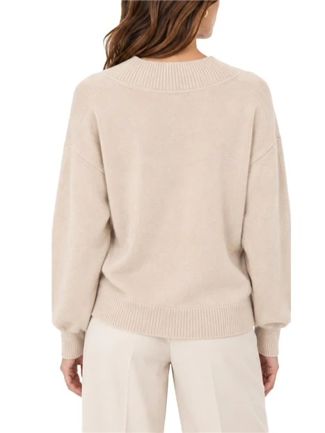 MAGLIA CON SCOLLO A V AMPIA IN MISTO CASHMERE E LANA DONNA BEIGE
