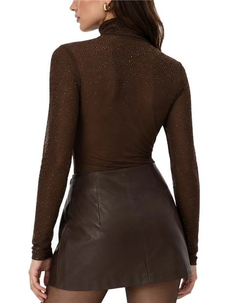 MAGLIA DOLCEVITA ADERENTE IN TULLE CON STRASS DONNA MARRONE