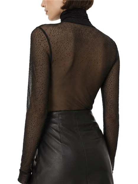 MAGLIA DOLCEVITA ADERENTE IN TULLE CON STRASS DONNA NERO