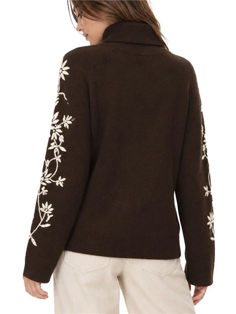 MAGLIA DOLCEVITA AMPIO RICAMATO IN MISTO LANA E ALPACA DONNA MARRONE