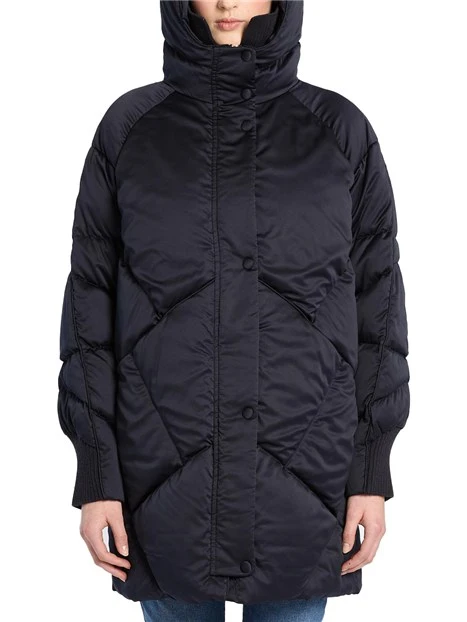 PIUMINO LUNGO IN RASO LUCIDO CON DETTAGLI IN MAGLIA DONNA BLU