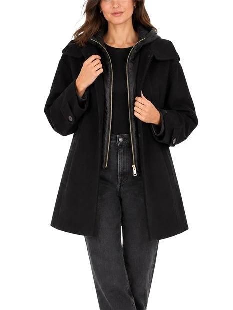 CAPPOTTO CORTO IN LANA CON CAPPA CON PIUMINO INTERNO RIMOVIBILE DONNA NERO