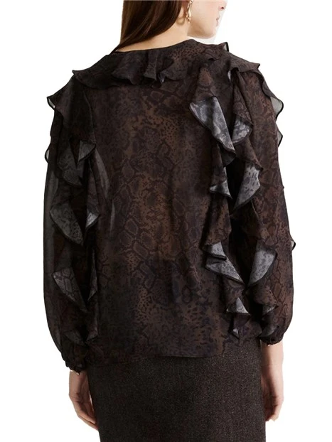 BLUSA IN GEORGETTE STAMPATA CON ROUCHE DONNA MARRONE