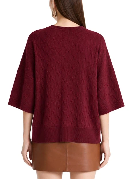 MAGLIA CON SCOLLO A V IN LANA E CASHMERE CON LAVORAZIONE A TRECCE DONNA BORDEAUX