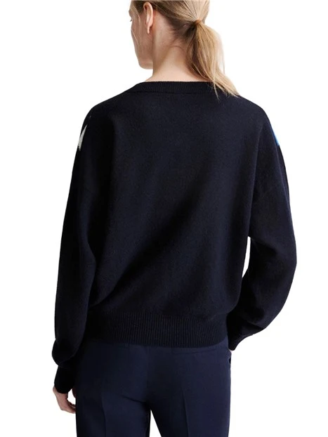 MAGLIA CON SCOLLO A V A ROMBI IN MISTO LANA E CASHMERE DONNA  BLU