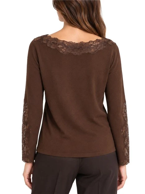 MAGLIA CON SCOLLO A BARCA IN MISTO LANA CON PIZZO DONNA MARRONE