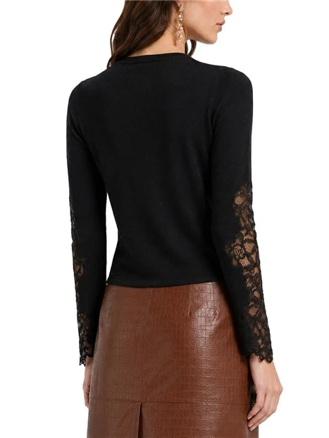 CARDIGAN  IN MISTO LANA CON INSERTI IN PIZZO DONNA NERO
