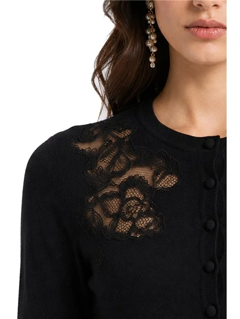 CARDIGAN  IN MISTO LANA CON INSERTI IN PIZZO DONNA NERO