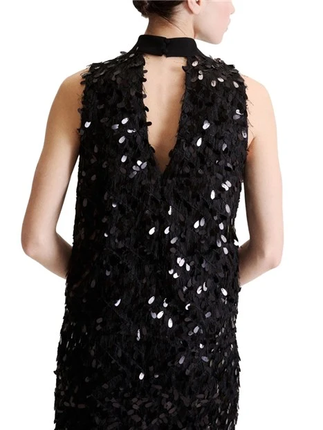 TOP IN FIL COUPÉ CON MAXI PAILLETTE DONNA NERO