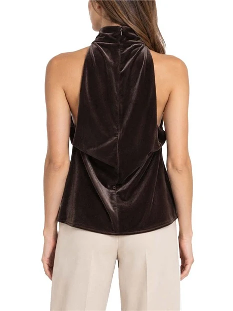 TOP IN VELLUTO LISCIO STRETCH CON DRAPPEGGIO DONNA MARRONE