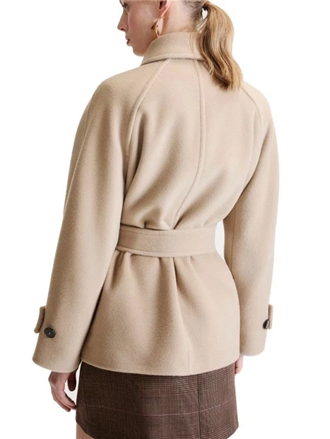 CAPPORTO CORTO IN PURA LANA VERGINE CON CINTURA DONNA BEIGE