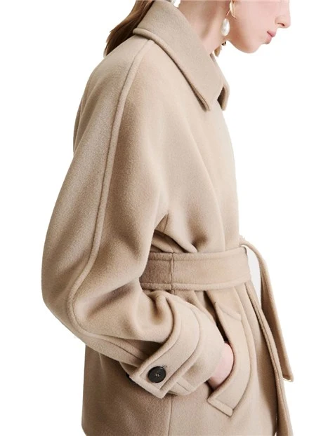 CAPPORTO CORTO IN PURA LANA VERGINE CON CINTURA DONNA BEIGE