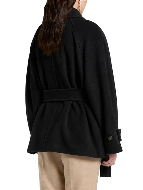CAPPOTTO CORTO IN PURA LANA VERGINE CON CINTURA DONNA NERO