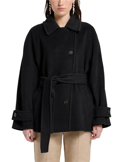 CAPPOTTO CORTO IN PURA LANA VERGINE CON CINTURA DONNA NERO