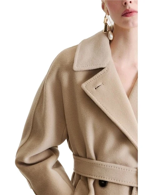 CAPPOTTO LUNGO DOPPIOPETTO IN PURA LANA VERGINE CON CINTURA  DONNA BEIGE
