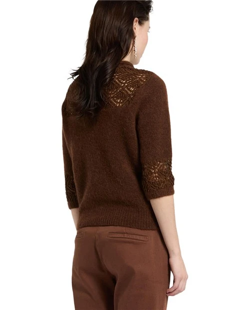 MAGLIA GIROCOLLO IN BABY ALPACA CON PIZZO DONNA MARRONE