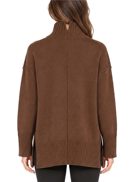 MAGLIA DOLCEVITA CON DETTAGLI COSTINE IN PURA LANA DONNA MARRONE