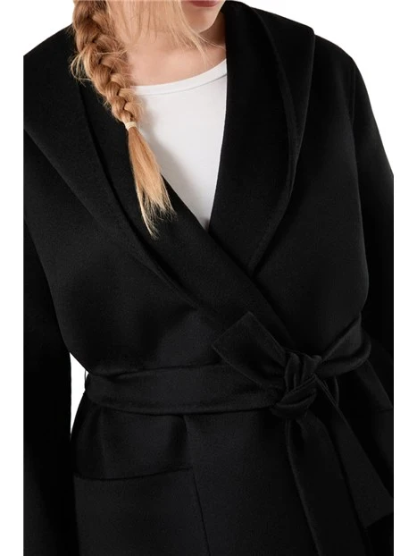 CAPPOTTO CORTO IN PURA LANA VERGINE CON CAPPUCCIO E CINTURA DONNA NERO