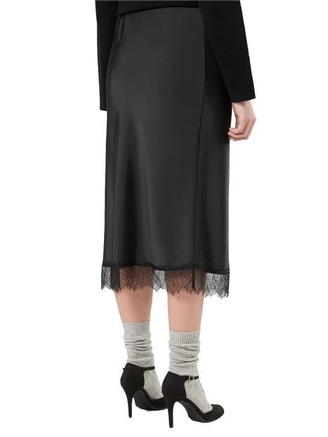 GONNA IN SATIN CON PIZZO CHANTILLY E SPACCO LATERALE DONNA NERO