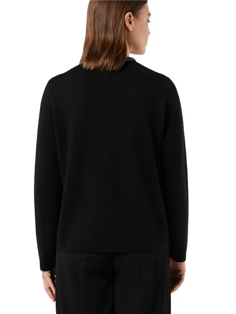 CARDIGAN MISTO LANA JACQUARD PIQUET CON STRASS SUL COLLO DONNA NERO