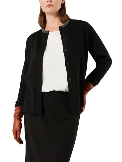 CARDIGAN MISTO LANA JACQUARD PIQUET CON STRASS SUL COLLO DONNA NERO
