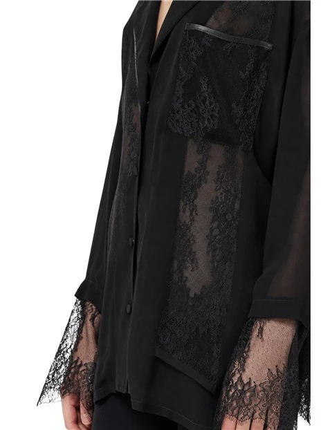 CAMICIA ELEGANTE A MANICHE LUNGHE IN PIZZO DONNA NERO