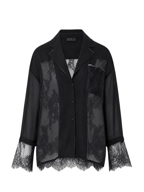 CAMICIA ELEGANTE A MANICHE LUNGHE IN PIZZO DONNA NERO