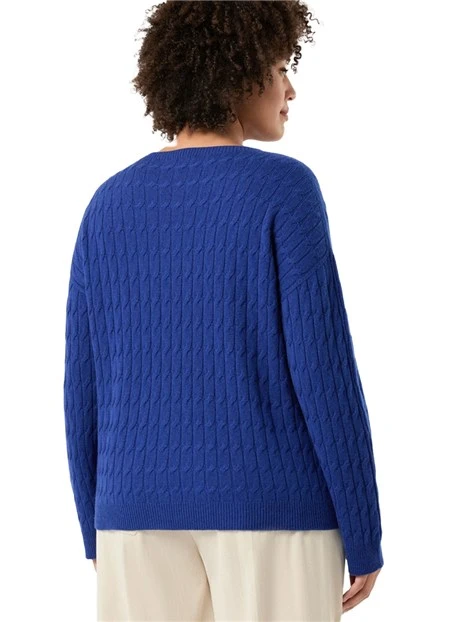 MAGLIA GIROCOLLO CON LAVORAZIONE A TRECCE IN MISTO LANA E CACHEMIRE DONNA BLU