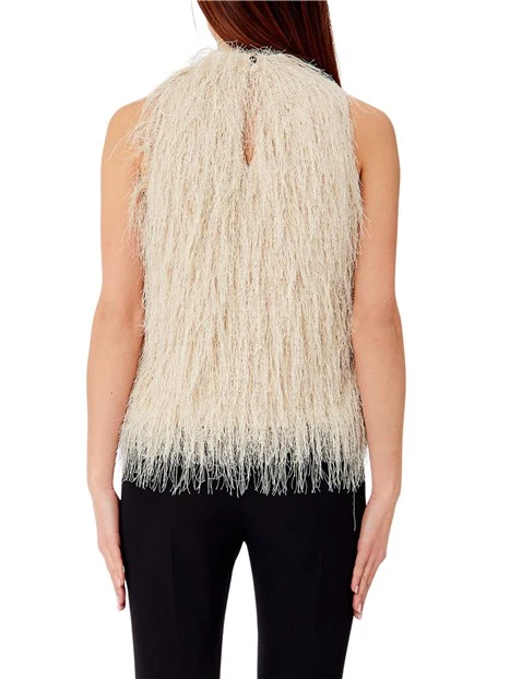 TOP SMANICATO CON FRANGE DONNA AVORIO