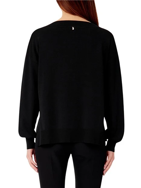 MAGLIA GIROCOLLO TRAFORATA CON PERLINE BAGUETTE IN TONO DONNA NERO
