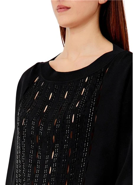 MAGLIA GIROCOLLO TRAFORATA CON PERLINE BAGUETTE IN TONO DONNA NERO
